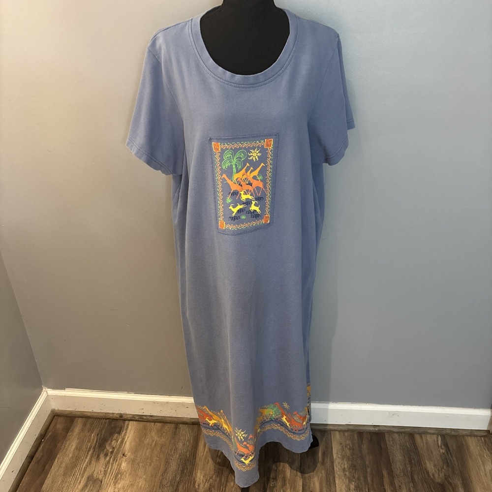 Vintage Delicates Spa Blue Maxi Dress Safari Animal Size XL Cotton Athleisure
